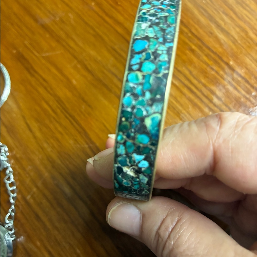 Turquoise mosaic vintage made in India brass inside bangle Bracelet